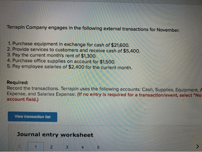 Terrapin company engages in the following external transactions for november